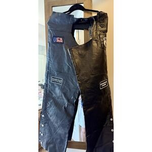 Diamond Plate XL Leather Motorcycle Chaps NWT – USA, Route 66, & Quote Patches